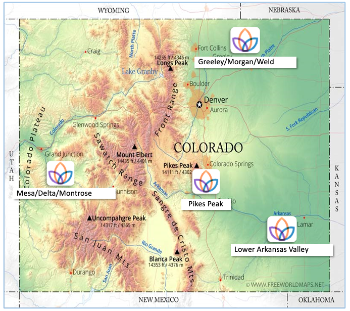This is a map of Colorado showing where the BACK program is active in 2024. HIghlighted locations are Greeley, Morgan, Weld County, Mesa county, Montrose, Pike Peak area, lower arkansas valley